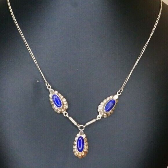 Vintage Signed Conjoined SB For Shube Southwest Sterling & Blue Stone Necklace - Picture 1 of 6